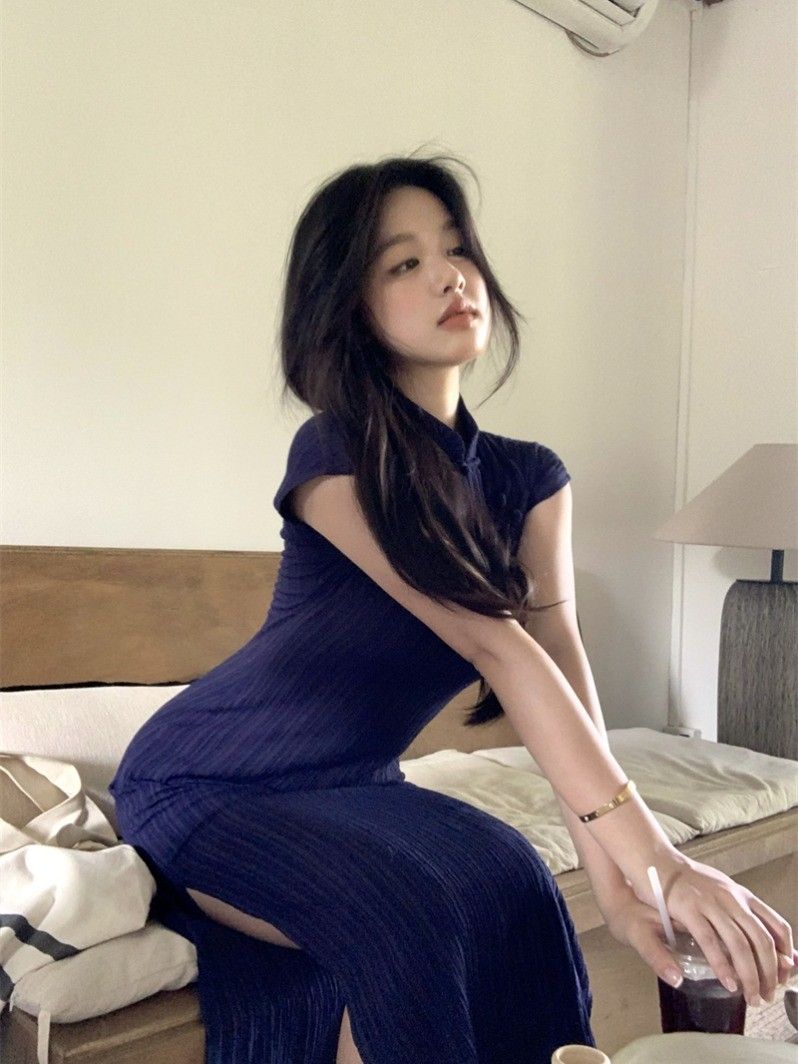 New Chinese women's modified cheongsam long skirt Hepburn style unique Chinese style navy blue dress for women in summer