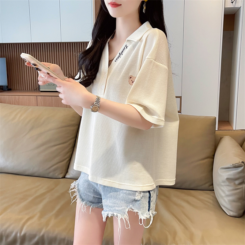 First shot of waffle-backed Korean short summer POLO neck short-sleeved T-shirt for women