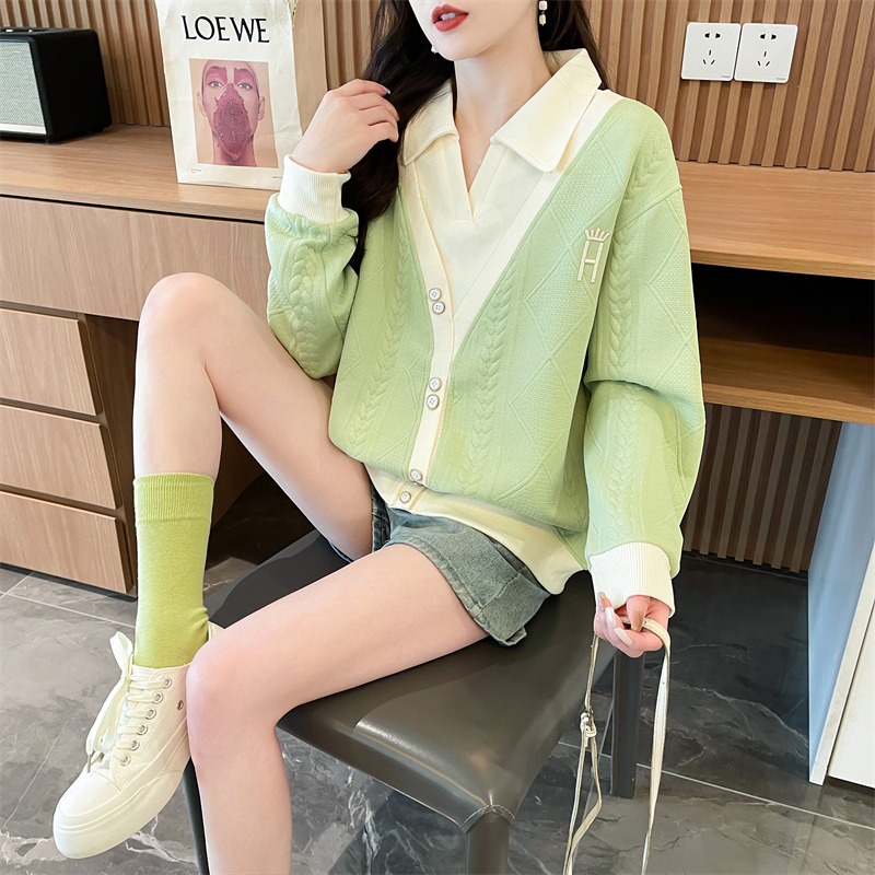 Real shot original jacquard fake two-piece large-size women's spring and autumn thin long-sleeved sweatshirt women's loose design top