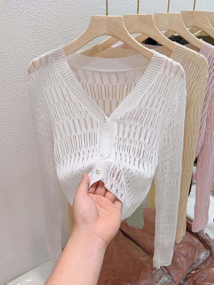 V-neck hollow ice silk knitted cardigan for women with thin long-sleeved summer sunscreen shawl with suspender skirt short top