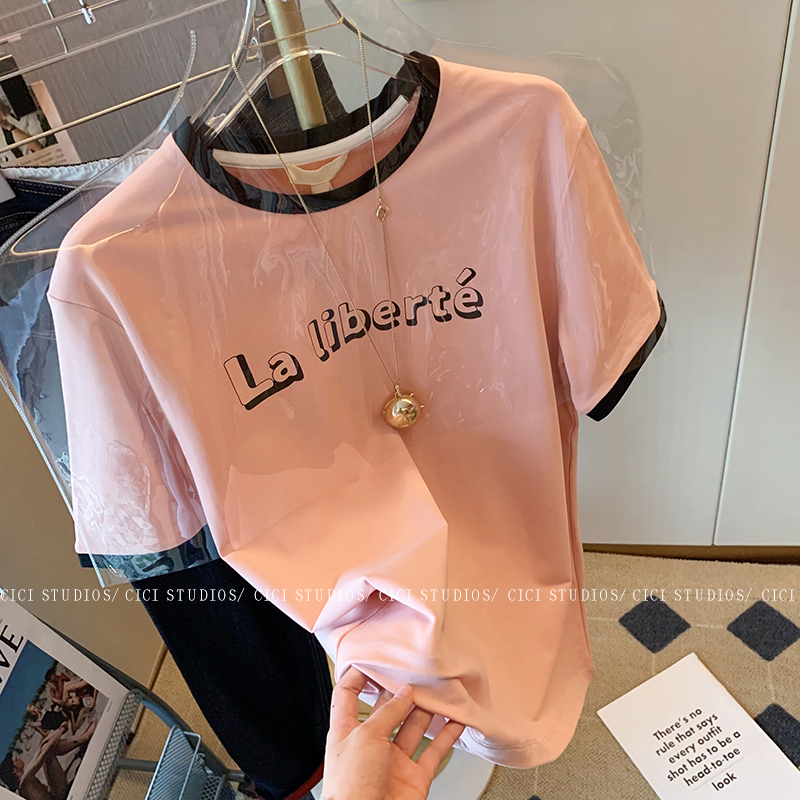 Official picture 100% cotton back bag collar and shoulder pure cotton color-blocking letters short-sleeved T-shirt for women for summer