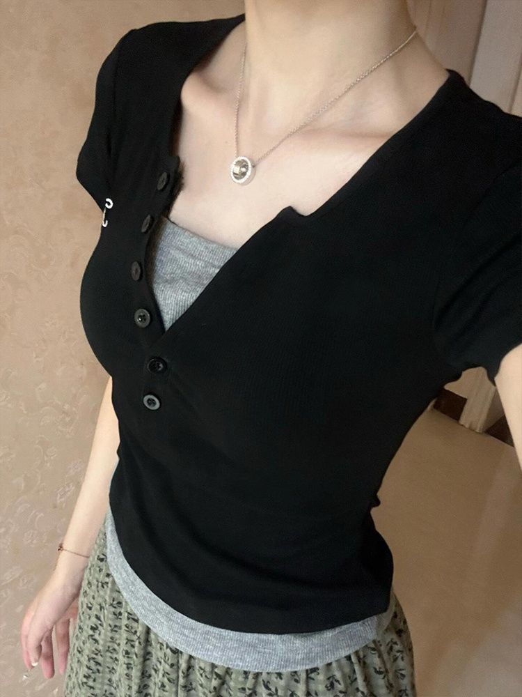 2*2 modal 260g black v-neck embroidered front shoulder short sleeves waist slim fit inner T-shirt versatile top