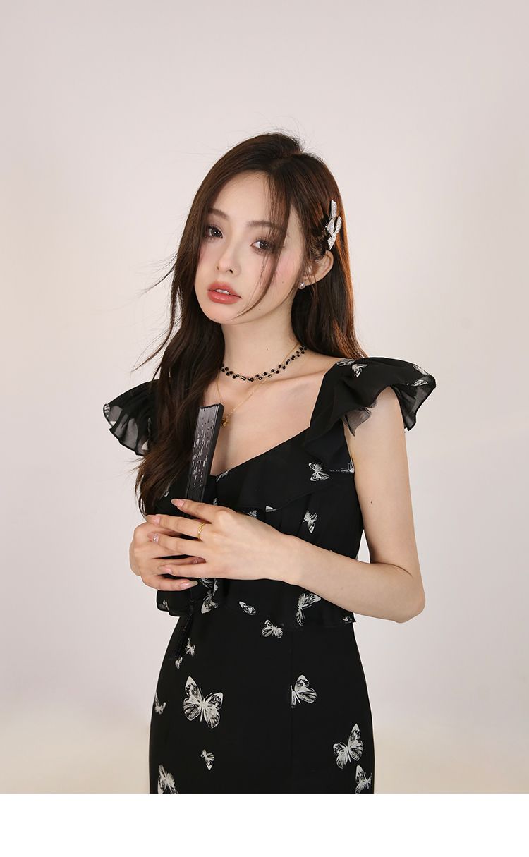 Double-layer + inner small flying sleeve butterfly suspender dress for women in summer French style waist-hugging long skirt