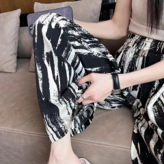 外貿冰絲螺紋扎染闊腿褲女夏薄款高腰垂感直筒寬鬆顯瘦休閒拖地褲