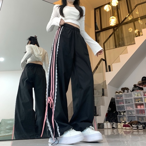 Real shot of lace bow straps sweatpants jazz dance pink striped retro wide-leg straight casual pants
