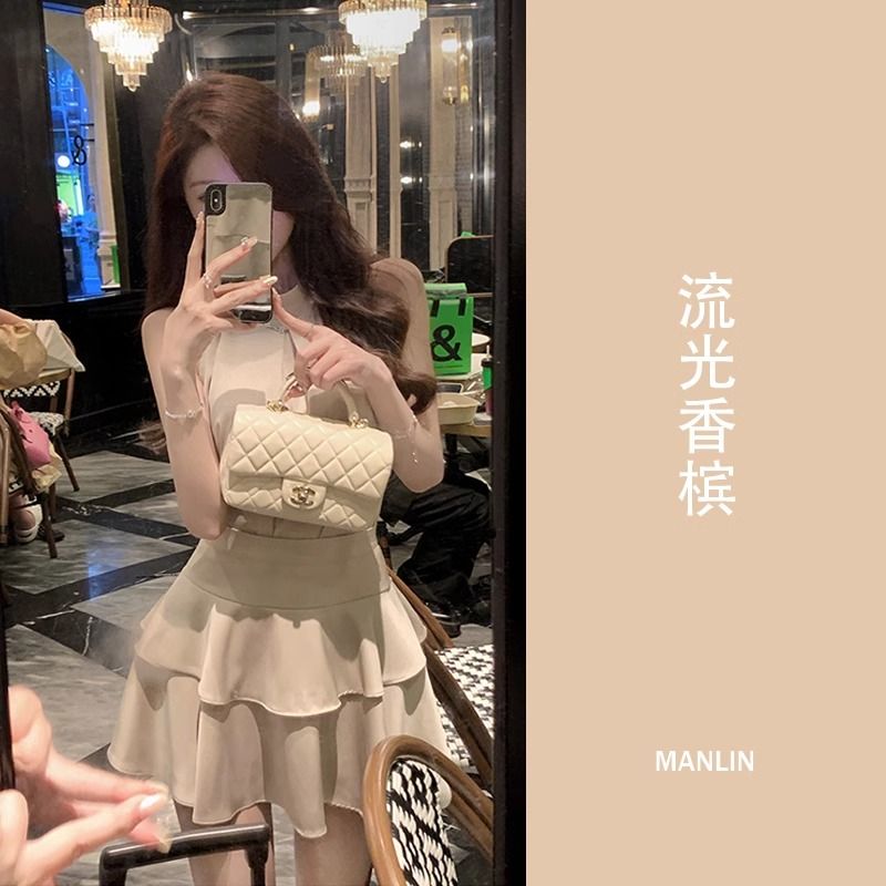 無袖掛脖背心上衣女夏季小個子套裝荷葉邊蛋糕半身短裙氣質兩件套