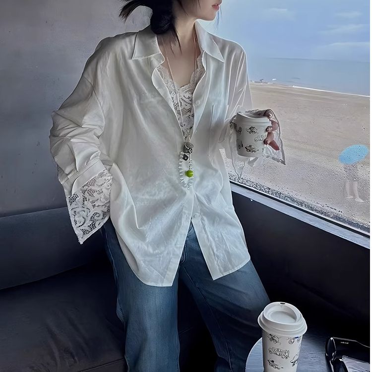 Large size design cuff lace spliced ​​long-sleeved shirt for women in spring and summer new loose slim jacket top