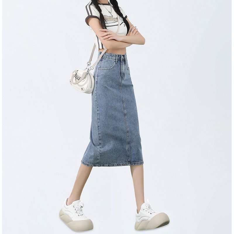 Hot girls simple Korean high-waist denim skirt A-line skirt for women in spring and summer new slim American retro hip denim skirt