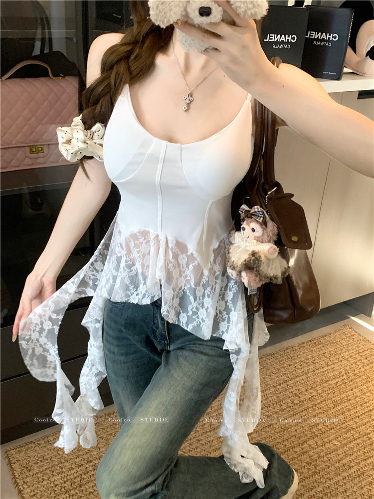 Irregular lace suspender vest for women wearing summer Thai sweet hot girl one-shoulder fish bone strapless top beautiful