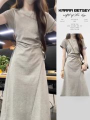 2025新款法式高級感灰色連衣裙子夏季女裝小個子休閒氣質收腰長裙