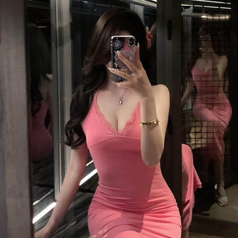 韓系純欲蕾絲花邊掛脖連衣裙女夏季設計感小眾收腰魚尾包臀長裙