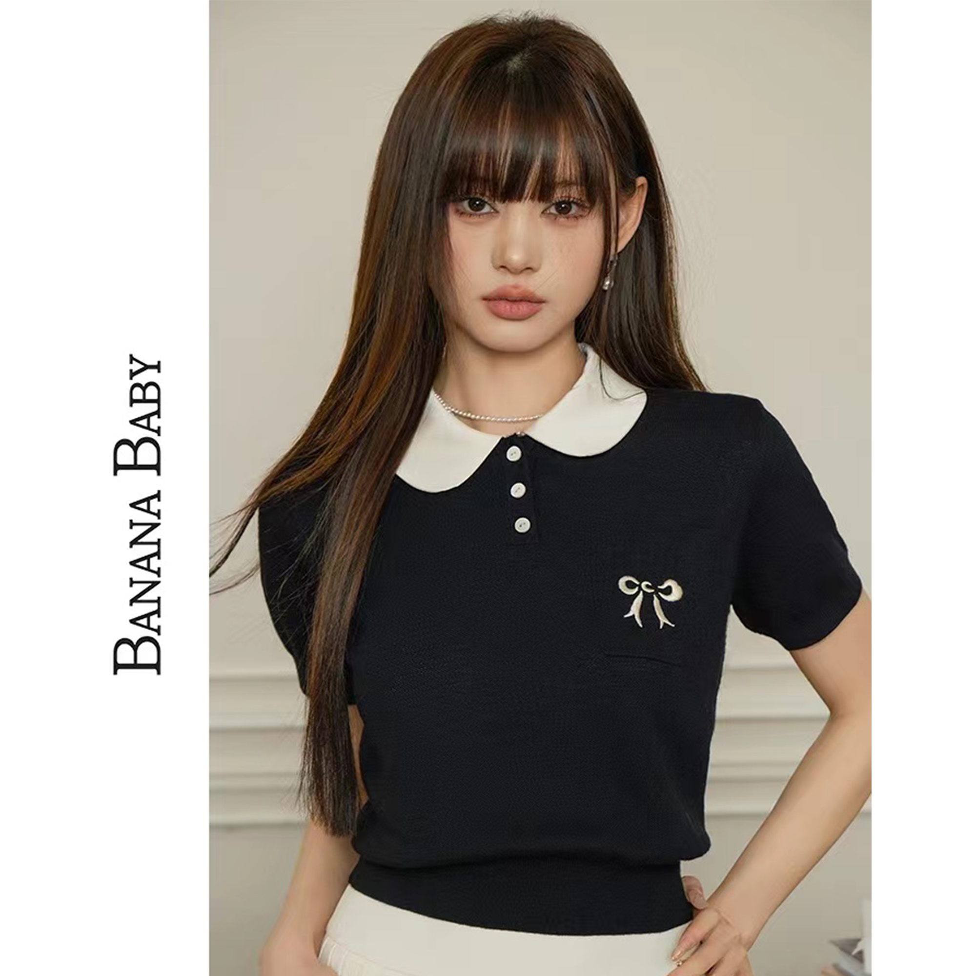 French pink embroidered doll collar front shoulder short sleeve ice silk T-shirt for women summer sweet puff sleeves knitted top thin