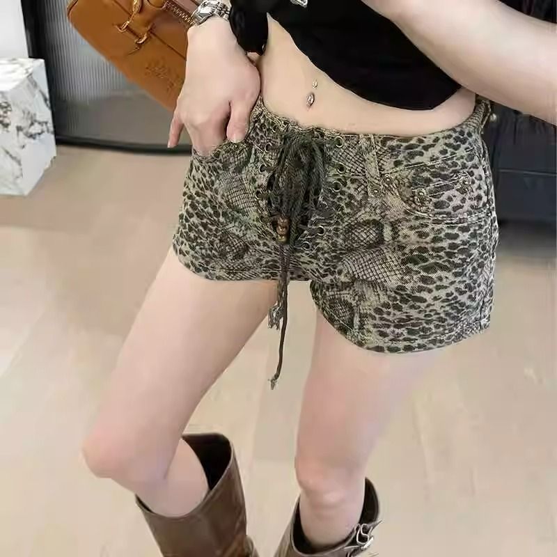 美式vibe夏季水洗豹紋綁帶牛仔短褲女辣妹修身顯瘦a字闊腿熱褲子