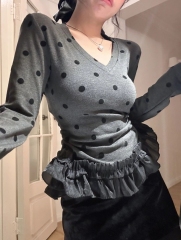 蕾絲花邊復古波點V領磨毛長袖T恤女顯瘦體恤上衣