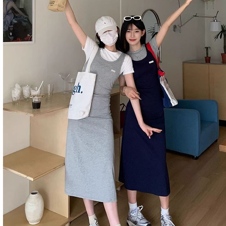 假兩件短袖t恤裙連衣裙女夏季小個子氣質收腰休閒包臀長裙
