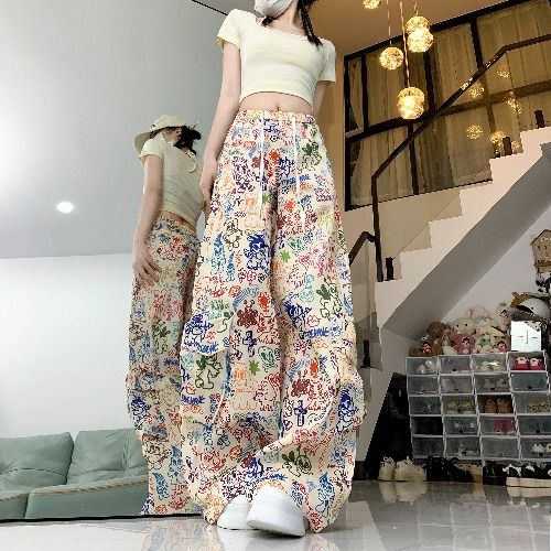 塗鴉褲塔絲隆布匹印印花工裝闊腿褲女夏高腰直筒休閒拖地褲子