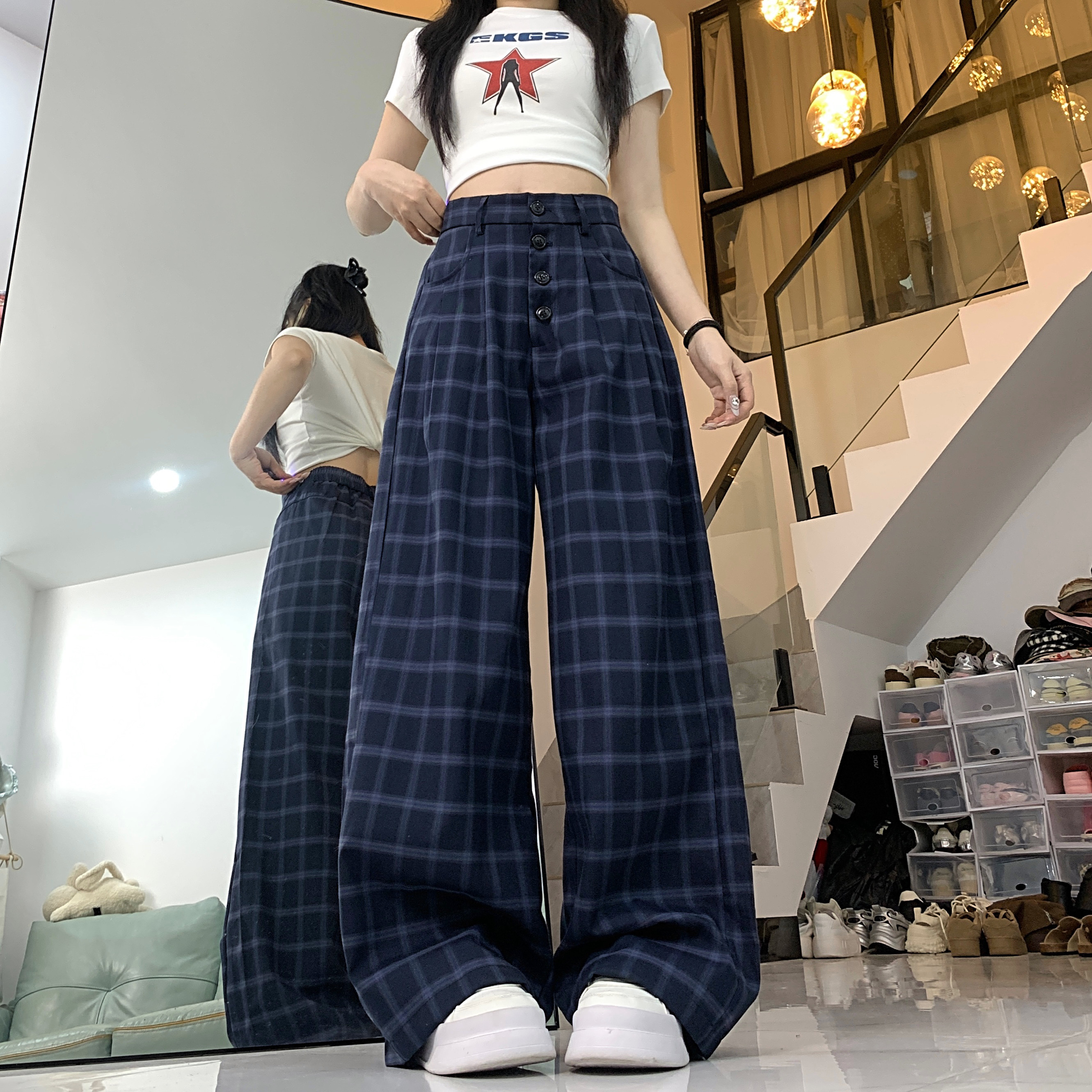 實拍復古排扣格紋設計慵懶松休閒褲女格子闊腿褲寬鬆直筒拖地長褲