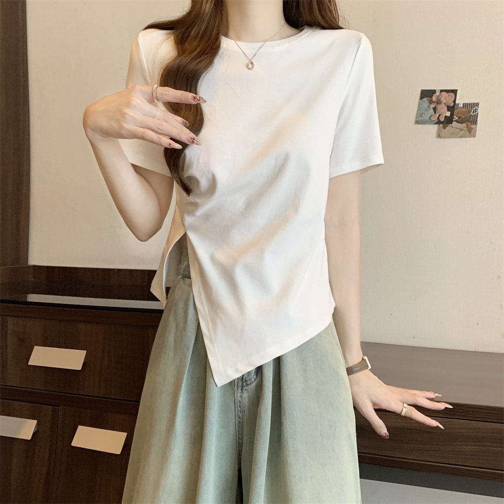 實拍 夏季韓版百搭純色設計感褶皺開叉打底衫女新款純棉短袖T恤女