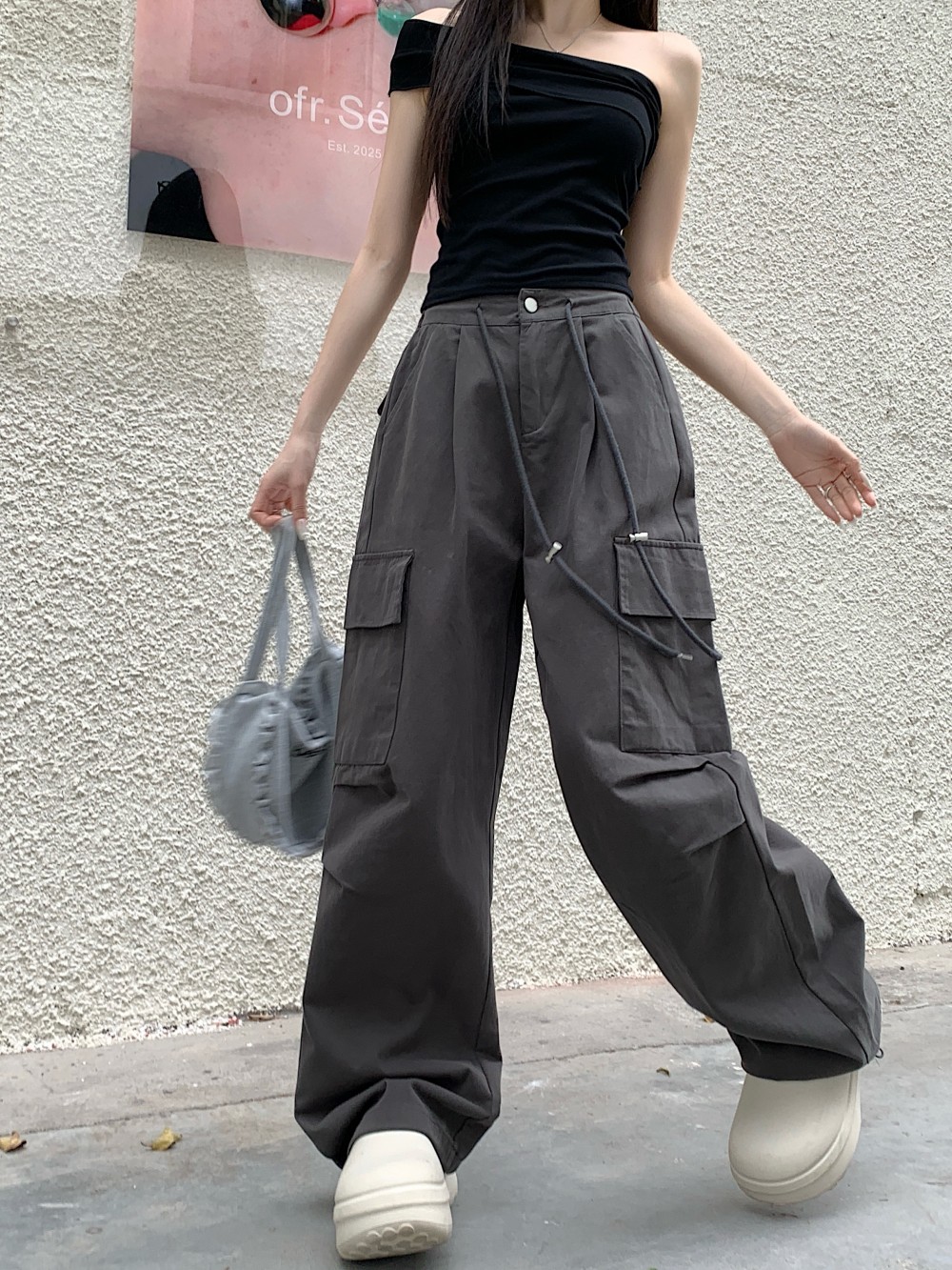 Real-life design-sensing wide-leg American overalls pants casual pants for women 2025 loose and slim high waist drawstring pocket pants