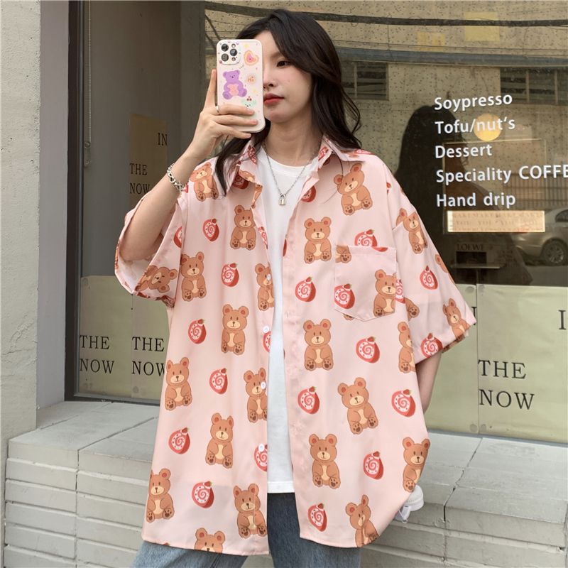 Real shot of 100% polyester fiber sweet and fashionable little bear pink shirt girly coat for women