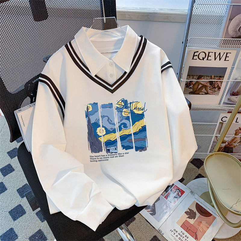 Real photo of the street back bag collar twill thin POLO collar sweatshirt for women cartoon long-sleeved jacket design top internet celebrity