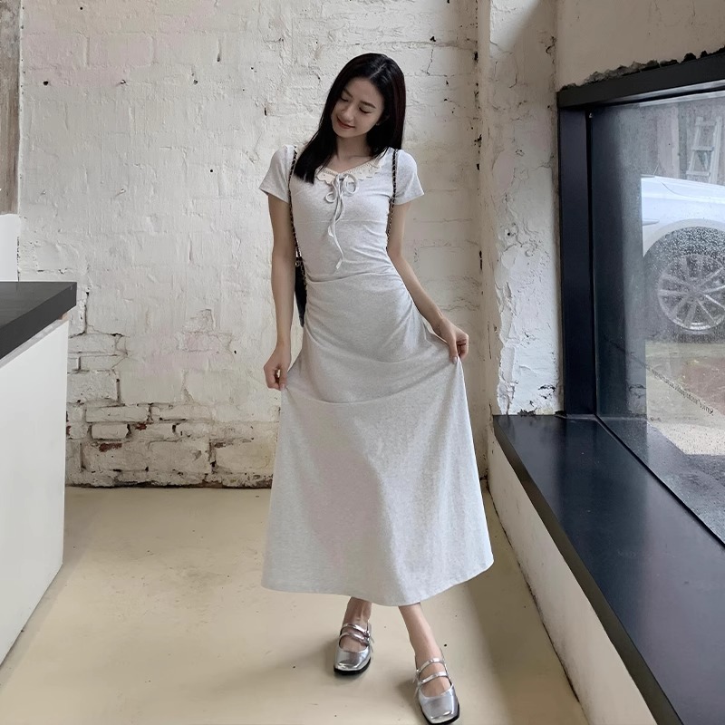 橘子樹在哪兒法式褶皺收腰系帶連衣裙女夏季修身顯瘦氣質長裙子