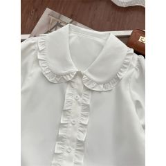 夏季新款木耳邊文藝甜美設計感娃娃領短袖白色襯衫女生小個子上衣