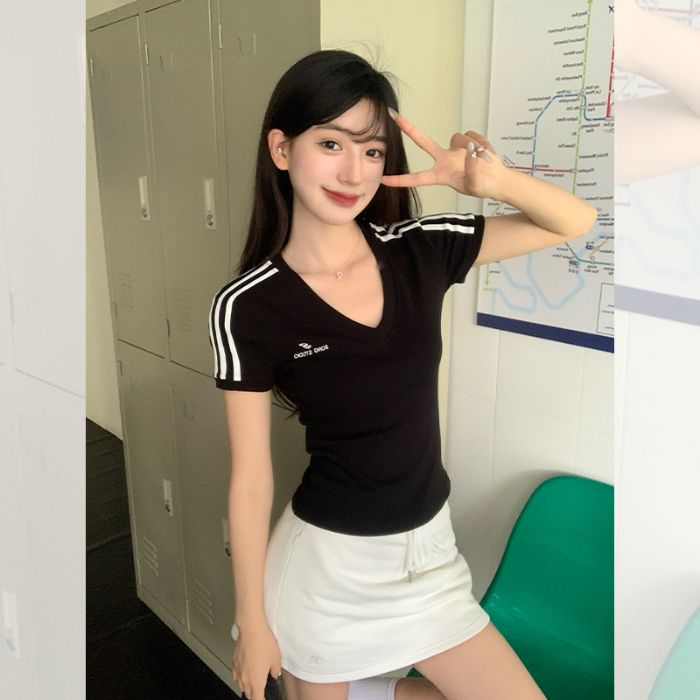 1x1純棉210克純欲辣妹V領正肩短袖T恤女夏新款設計感純棉上衣