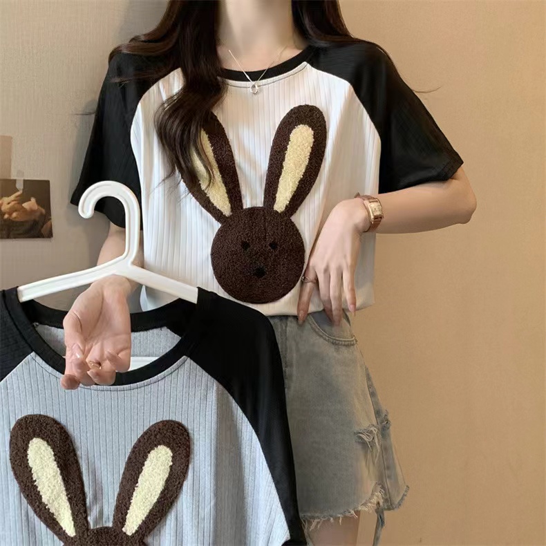 Real photo of the piercing strip color loose short-sleeved top for women's T-shirt