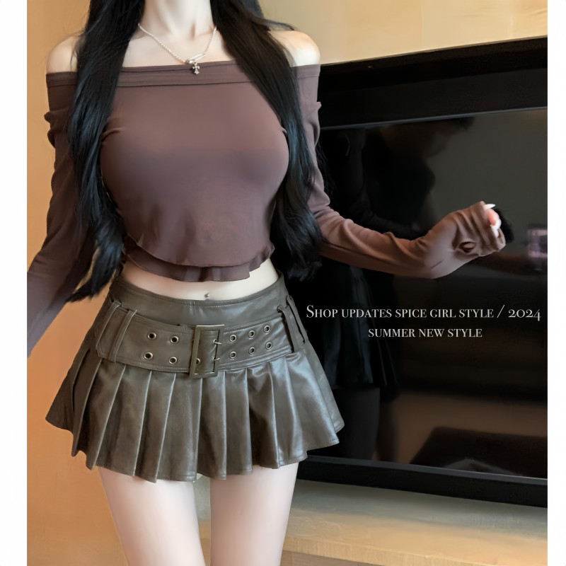 Real shot!  !  American retro hot girl sexy brown leather skirt A-line pleated low waist anti-exposure skirt