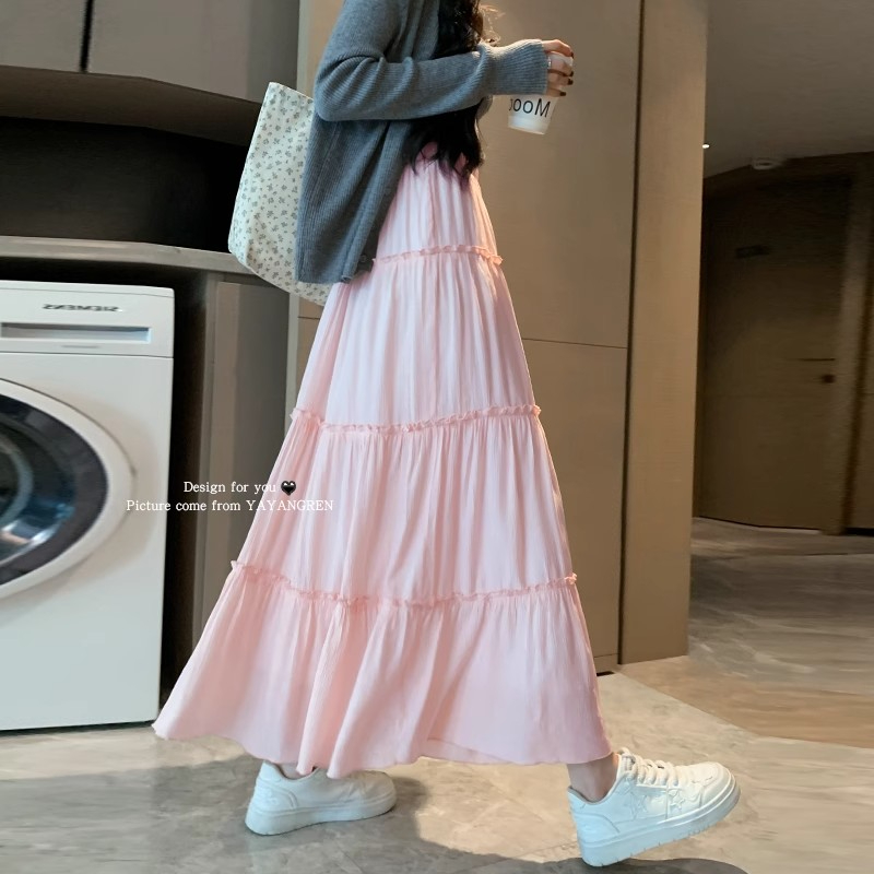 粉色裙子女半身裙春秋2025新款高腰顯瘦a字長裙百褶裙夏季蛋糕裙