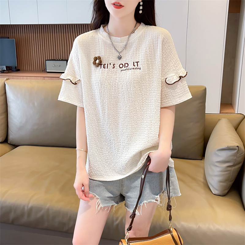 First-time real photo, polyester 100 new versatile round neck solid color loose top for women's fashion T-shirt