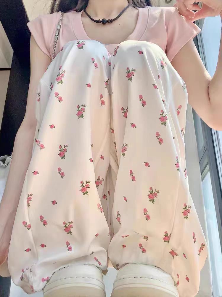 外貿原版碎花工裝褲女新款春夏高腰闊腿直筒休閒束腳美式速干運動