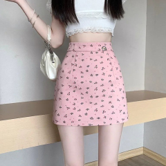 粉紅色高腰碎花半身裙女2025年夏季新款春日花花~韓系a字包臀短裙