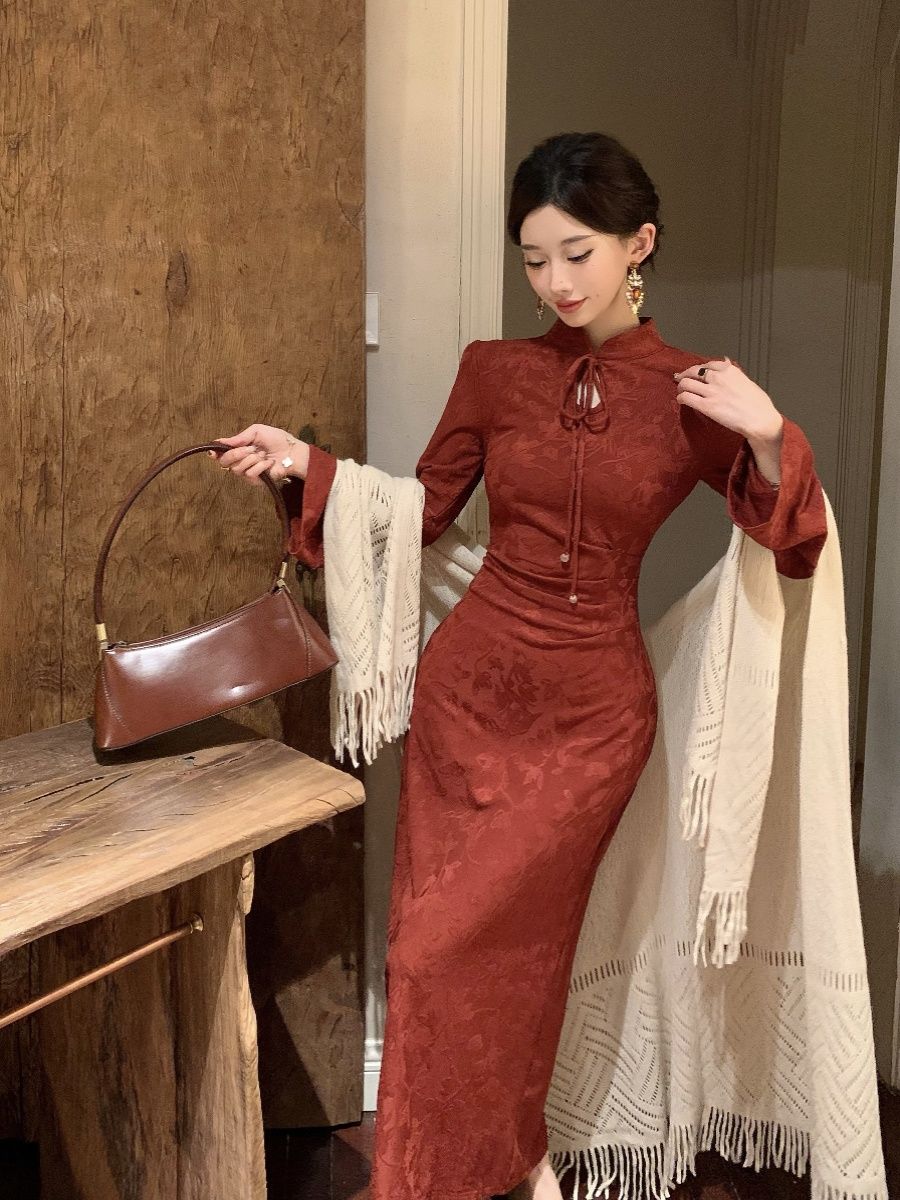新中式提花氣質改良訂婚旗袍女早秋2025新款敬酒服新娘紅色連衣裙