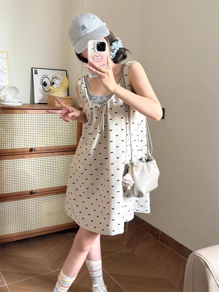 法式氣質別致甜美吊帶連衣裙抽繩設計感波點背心裙顯瘦兩件套女