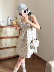 French-style elegant sweet spaghetti strap dress with drawstring design, eye-catching polka dot backless dress set, slimming two-piece set for women