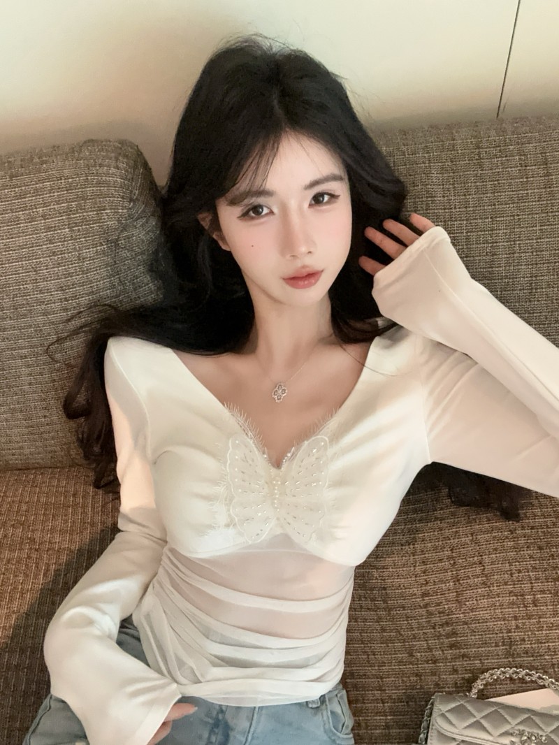 Real shot!  !  One-shoulder mesh spliced ​​T-shirt sexy butterfly hollow hot girl top