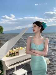 NIMO WANG 藍色吊帶裙女夏季修身顯瘦魚尾裙包臀連衣裙氣質長裙子