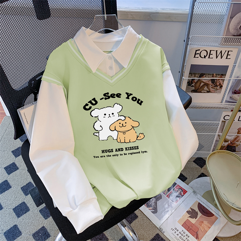 Real photo of the street back bag collar twill thin POLO collar sweatshirt for women cartoon long-sleeved jacket design top internet celebrity