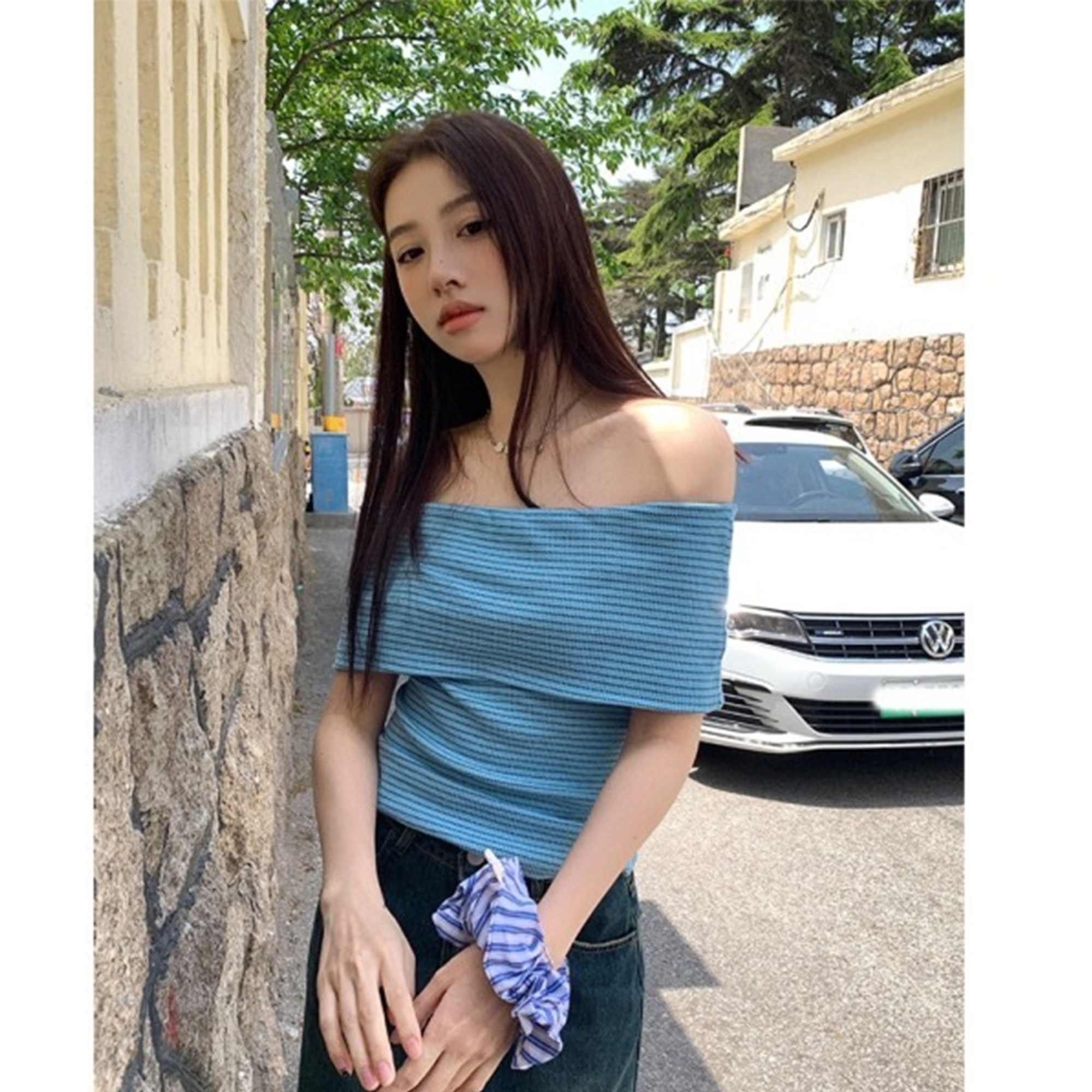 New summer Korean pure and slim-fitting one-length striped T-shirt for women