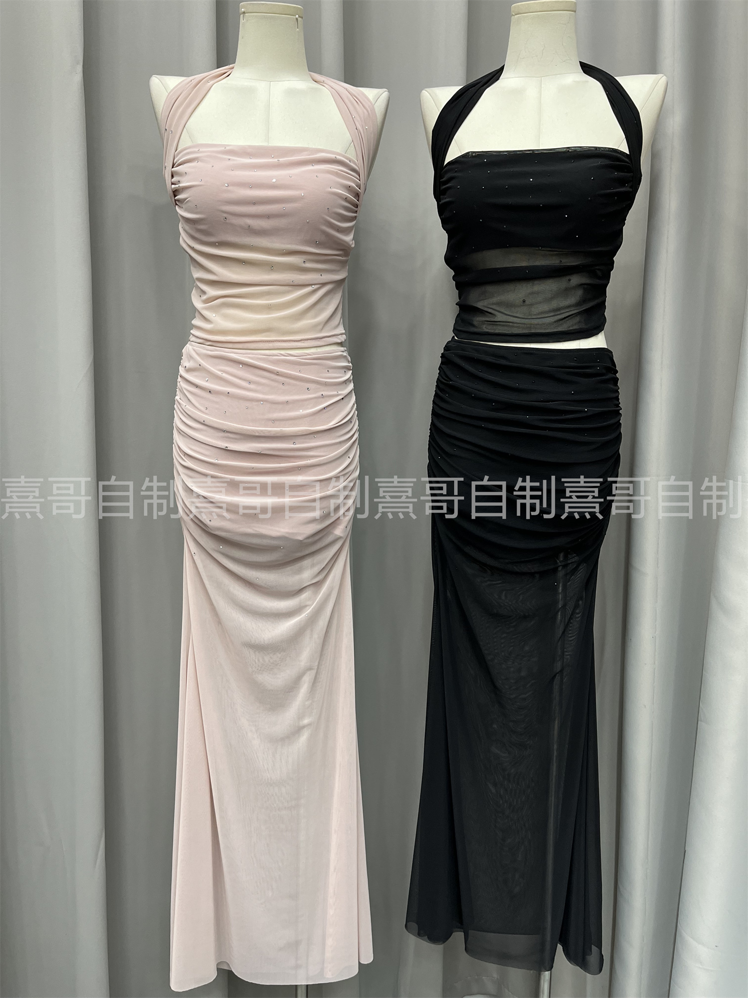 Spring new women's clothing design mesh pleated slim Slim Skirt Skirt Halves Neck Trouble Top Set