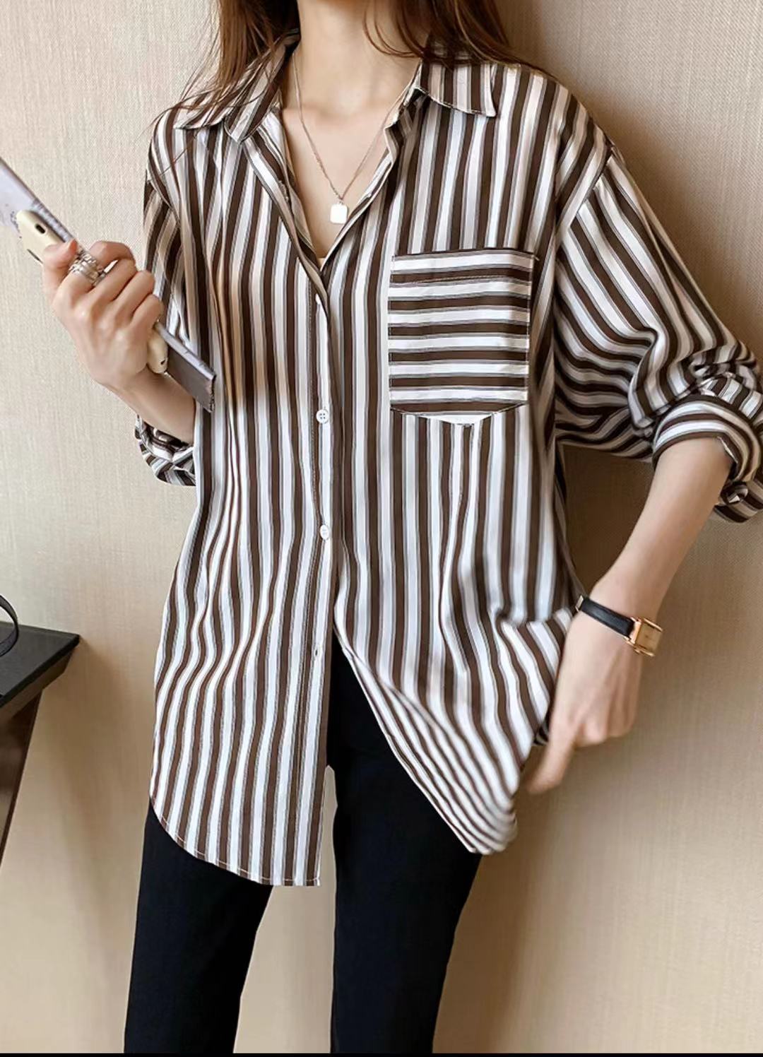 Thatxiaov Striped Shirt for Women - New Design, Unique Style, Loose Hong Kong-Inspired Top, Basic Shirt