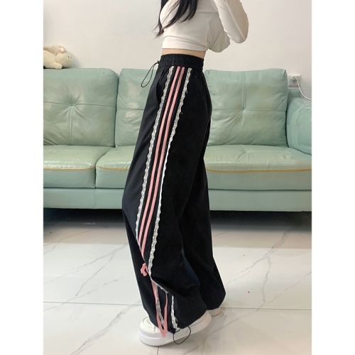 Real shot of lace bow straps sweatpants jazz dance pink striped retro wide-leg straight casual pants
