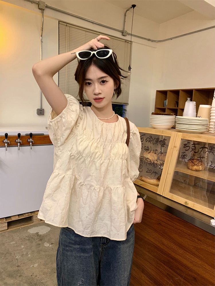 Puff sleeve shirt for women in spring 2025 new French design small pleated loose short chic shirt