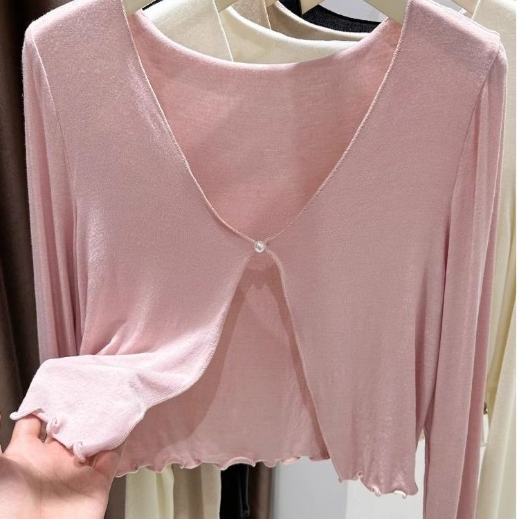 Modal thin sunscreen cardigan for women in summer suspender skirt with shawls and ears short knitted ice silk