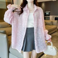 Real photo of the quality thin breathable long-sleeved sunscreen loose lazy style polo collar lantern sleeve shirt