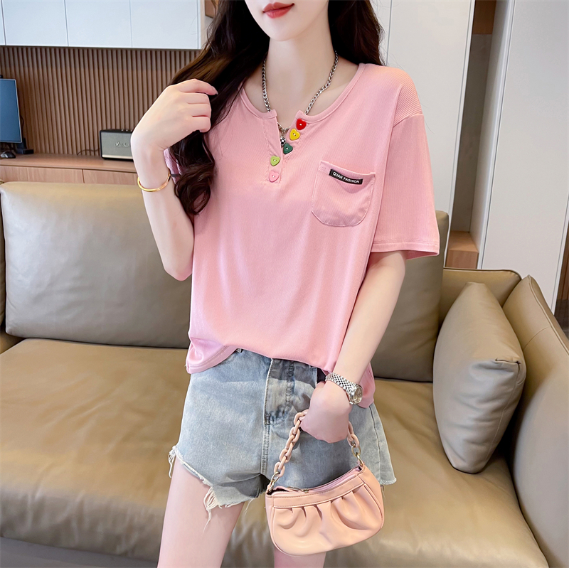 First-time real photo, polyester 100 new versatile round neck solid color loose top for women's fashion T-shirt