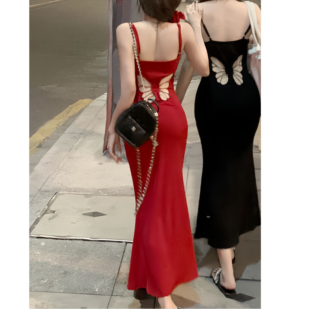 French pure sexy suspender hip-pack dress little mother skirt women summer butterfly hollow design fishtail long skirt