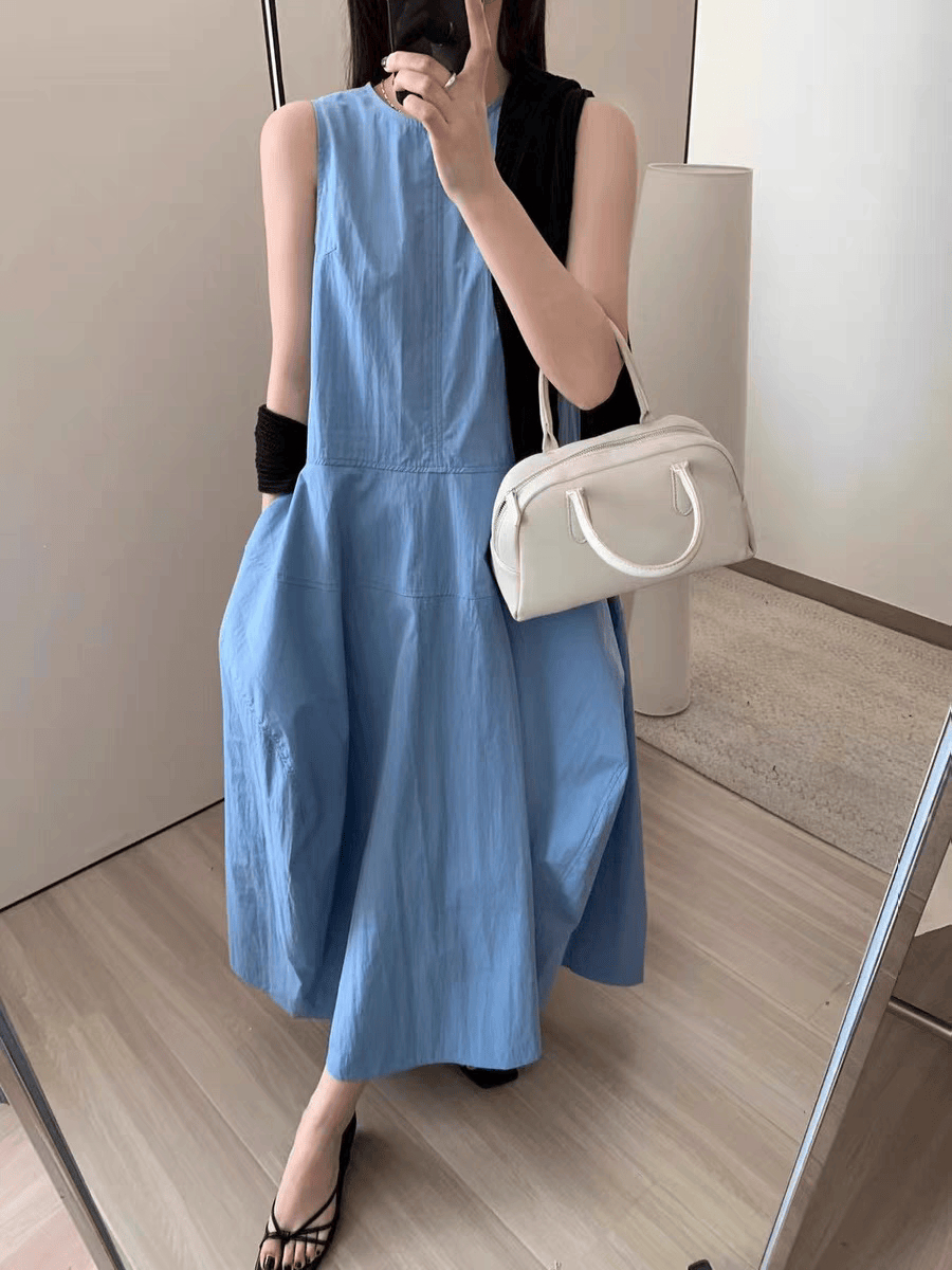 2025春季新款韓系簡約純色圓領背心連衣裙女中長款裙子女休閒氣質